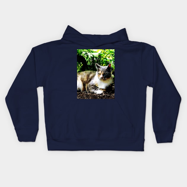 Cats - Cat Relaxing in Garden Kids Hoodie by SusanSavad